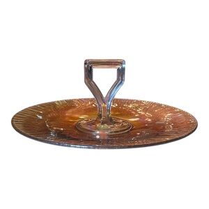 Vintage Iridescent Peach/ Orange Serving Tray Center Handle Crackled Glass- MCM